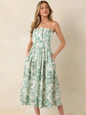 THE GENEVIEVE GREEN TOILE STRAPLESS MIDI DRESS Size M